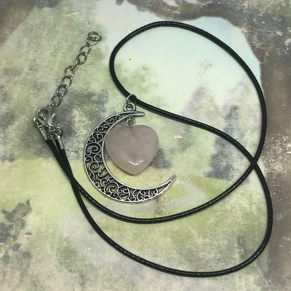 Crescent Moon Rose Quartz Heart Stone Pendant Blac - Picture 4 of 8